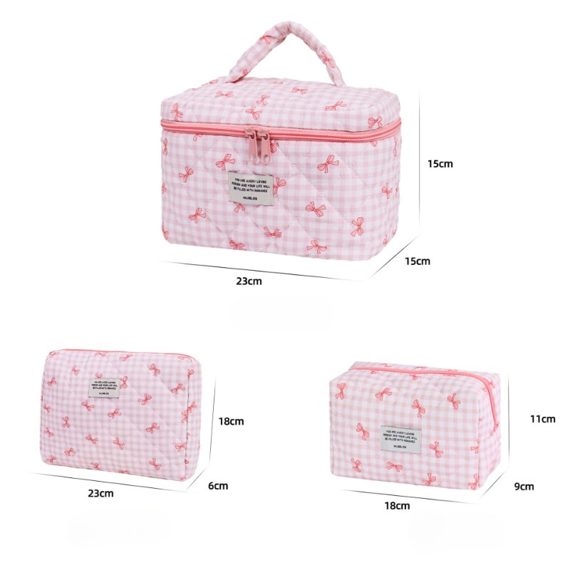 Sweet Color Block Plaid Bow Make Up Bag