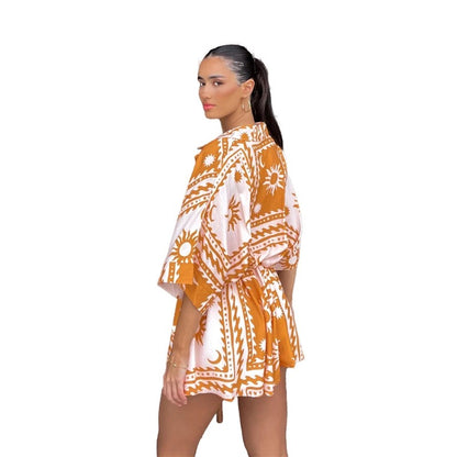 Geometric Print Romper With Waist Tie