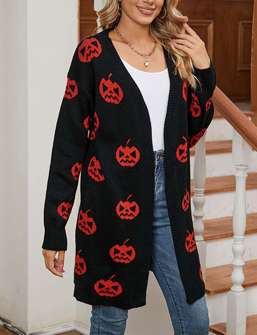 Halloween Pumpkin Long Knit Cardigan