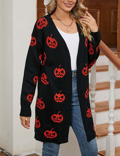 Halloween Pumpkin Long Knit Cardigan