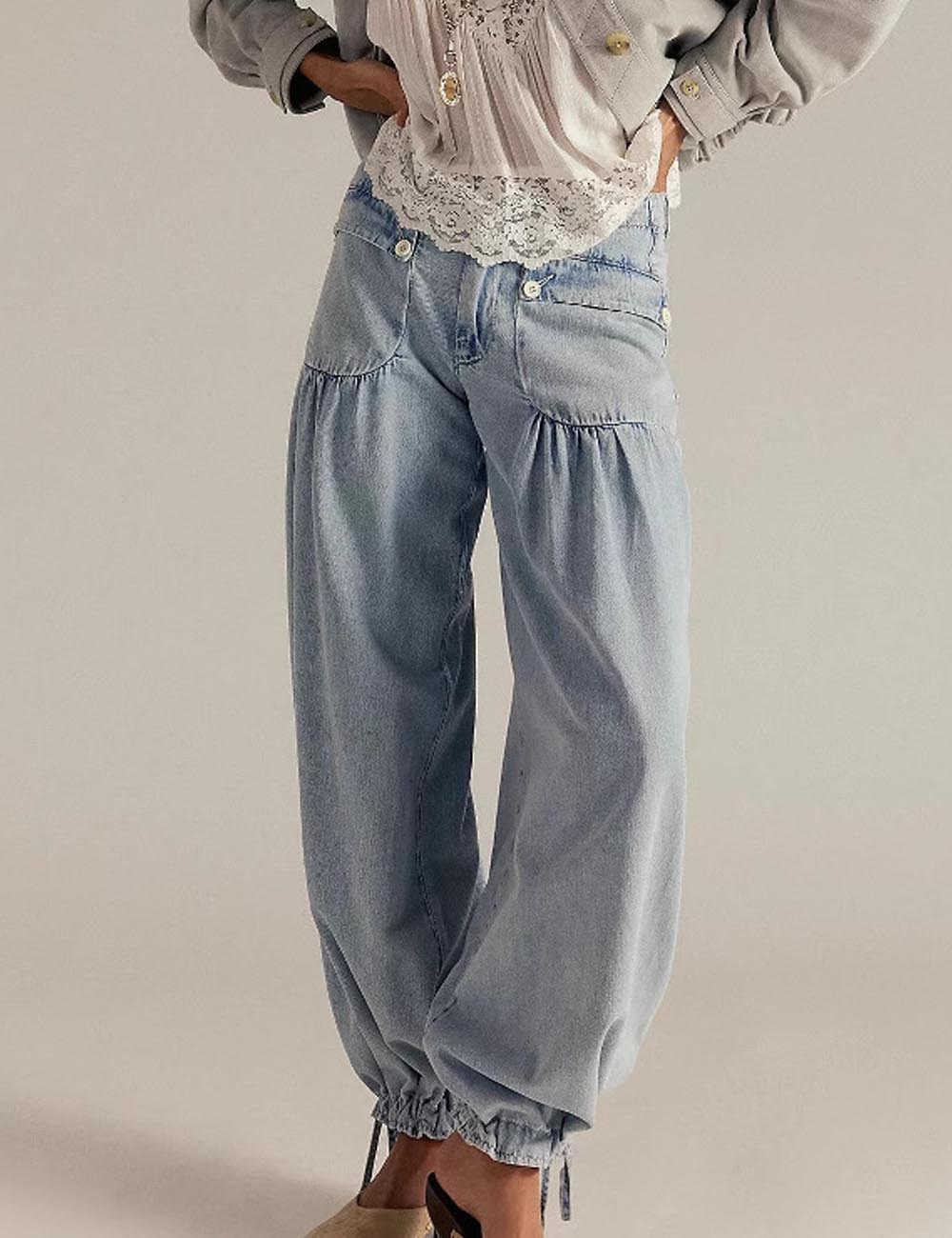 Simple Ruched Drawstring Cuffed Denim Pants