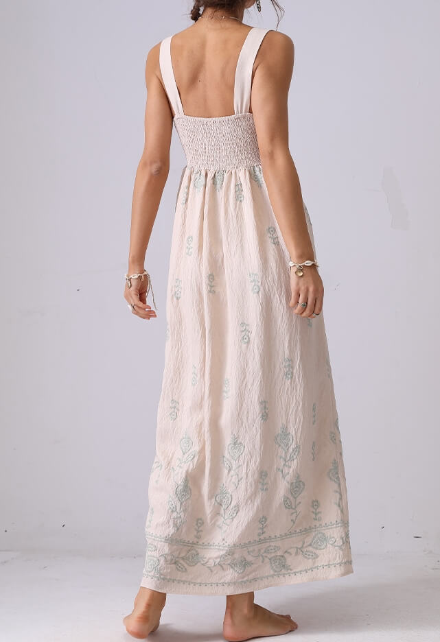 Floral Embroidered Backless Strap Maxi Dresses