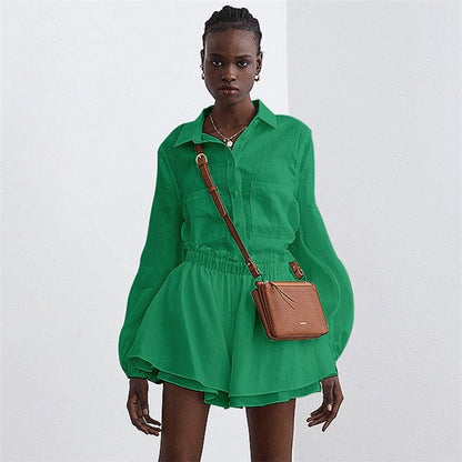 Solid Color Long Sleeve Top With Ruffle Hem Shorts Set