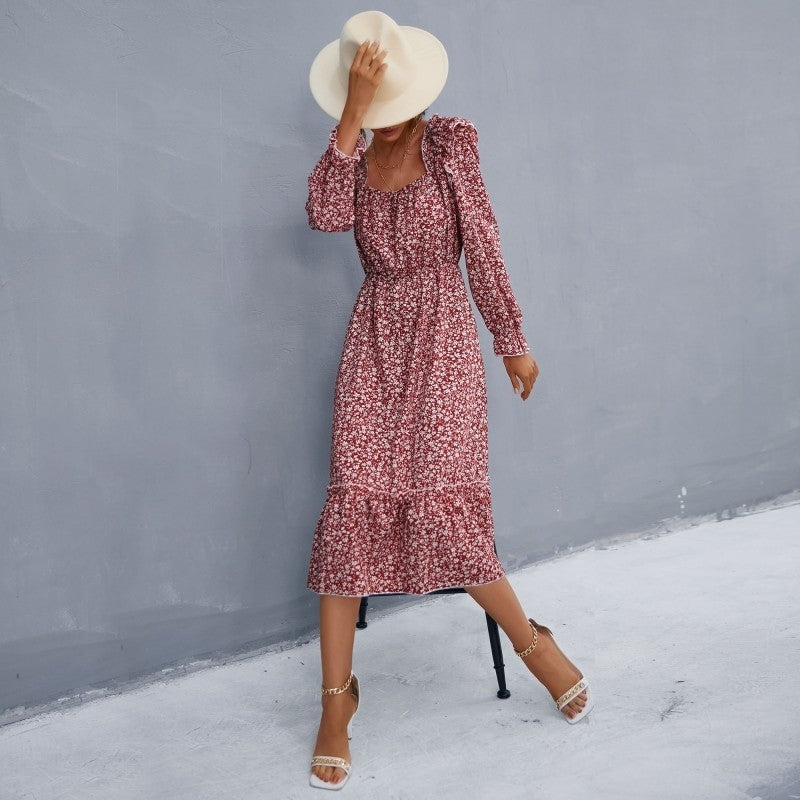 Petal Sleeve Floral Waist Square Neck Dress