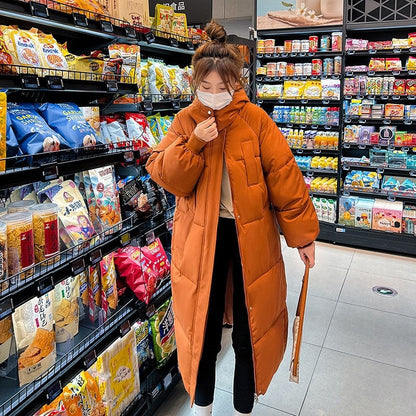 Solid Color Hooded Thickened Down Cotton Long Loose Coat