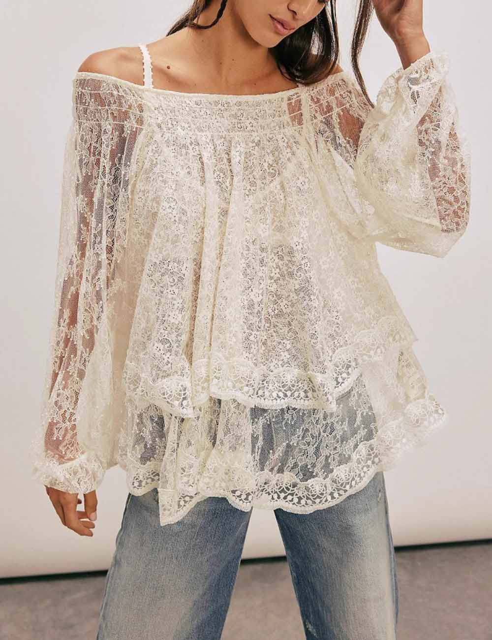 Elagant Off-Shoulder Double-Layer Lace Top