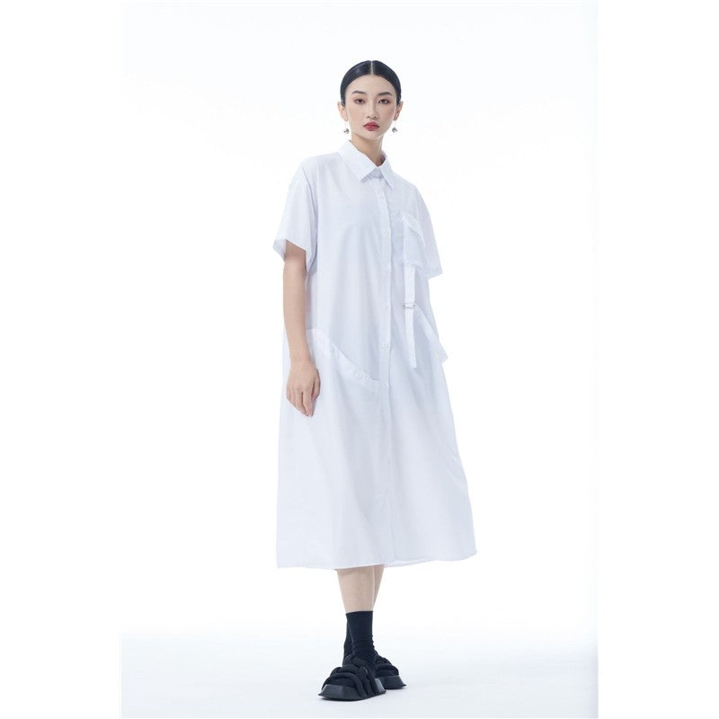 Simple Collar Pocket Shirt Dress Loose Sleeve