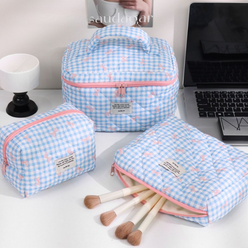 Sweet Color Block Plaid Bow Make Up Bag