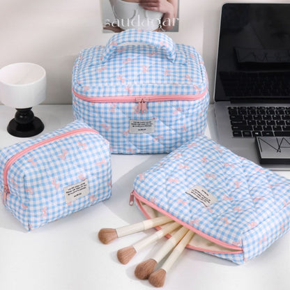 Sweet Color Block Plaid Bow Make Up Bag