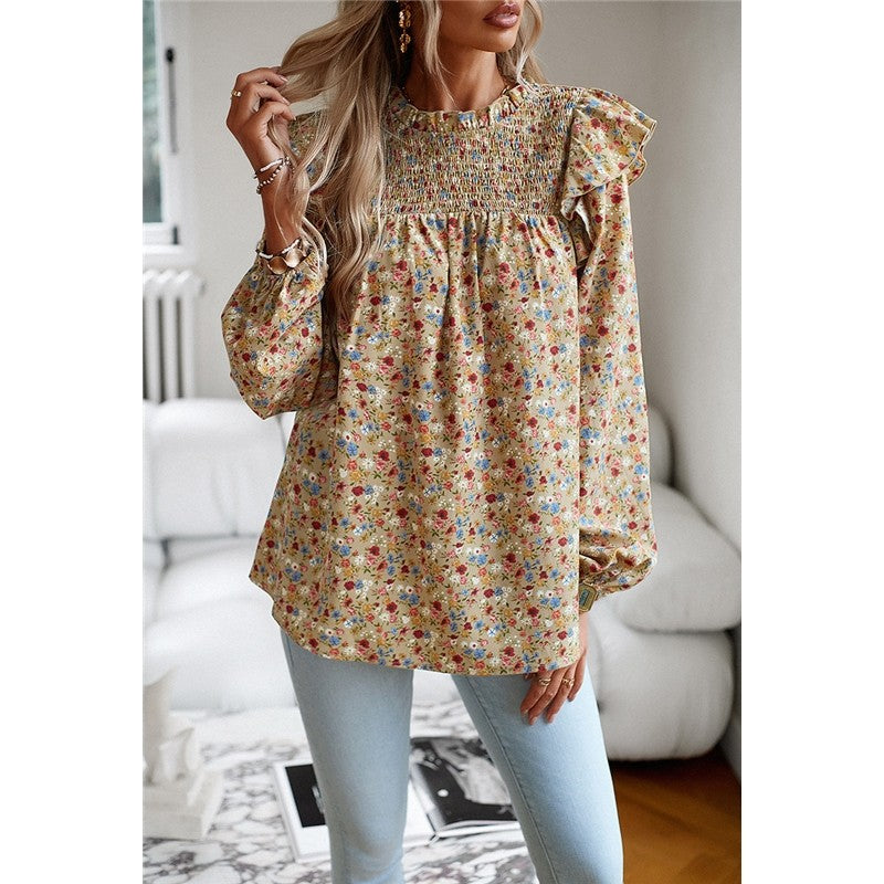 Crewneck Long Sleeves Floral Printed Casual Loose Blouse