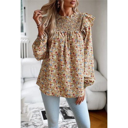 Crewneck Long Sleeves Floral Printed Casual Loose Blouse