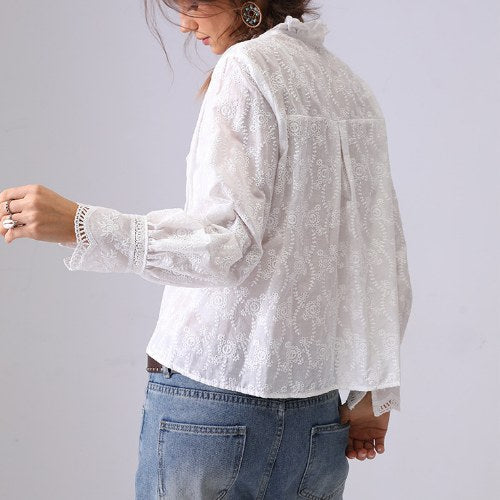 Embroidered Lace Ruffled Button Down Shirt