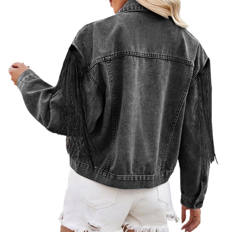 Trendy Washed Tassel Long Sleeve Jacket