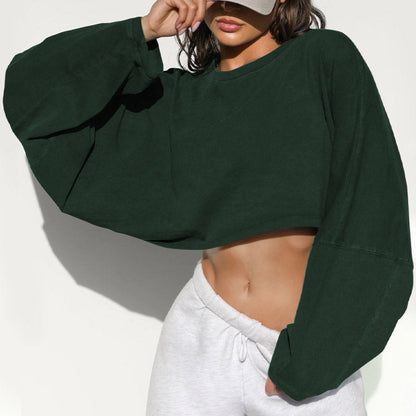Casual Solid Color Crew Neck Cropped Sweatshirt