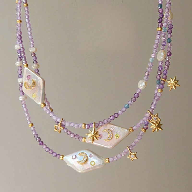 Pearl Moon Star Beaded Necklace