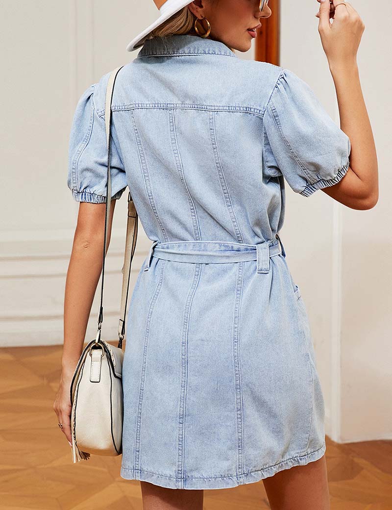 Washed Button Belt Denim Midi Dress