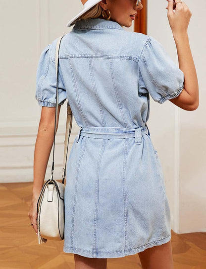 Washed Button Belt Denim Midi Dress