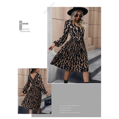 Contrast Color Printing Long Sleeves V-Neck Waist Tied A-Line Midi Dress