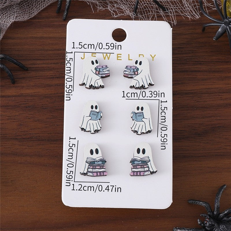 Wooden Ghost-Shaped Earrings Set For Halloween