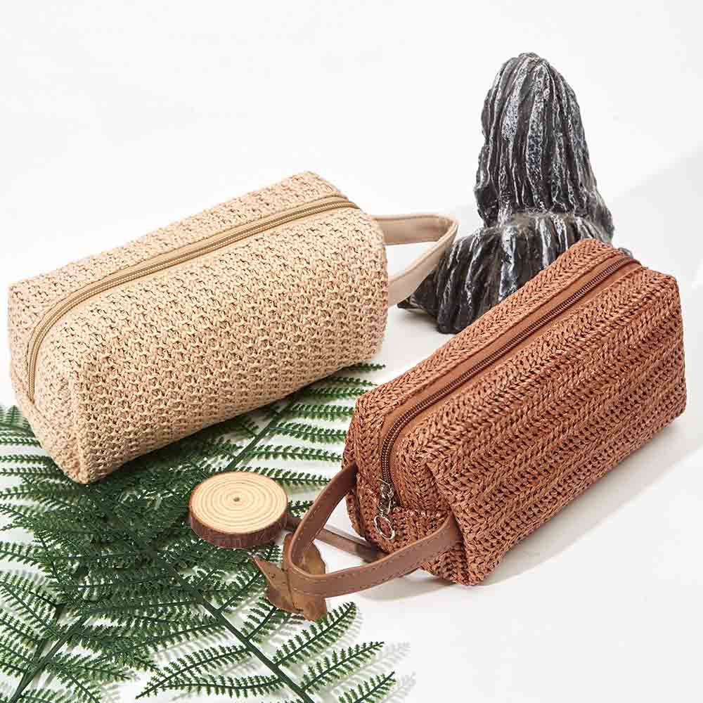 Solid Color Straw Weave Makeup Bag