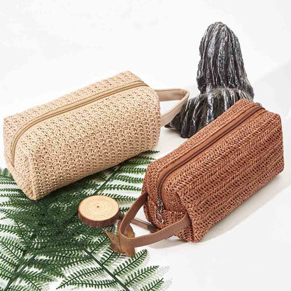 Solid Color Straw Weave Makeup Bag