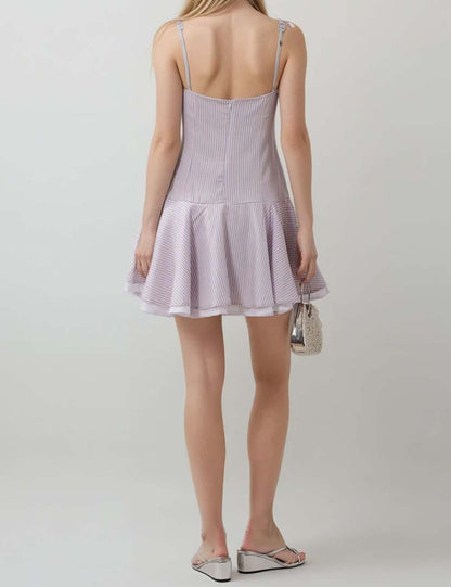 Sweet Striped Buttons String Puffy Mini Dresses