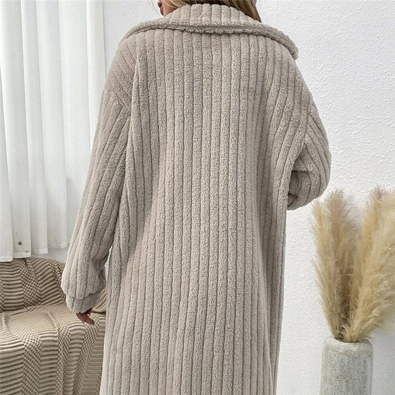 Women's Long Solid Color Plush Coat With Lapel
