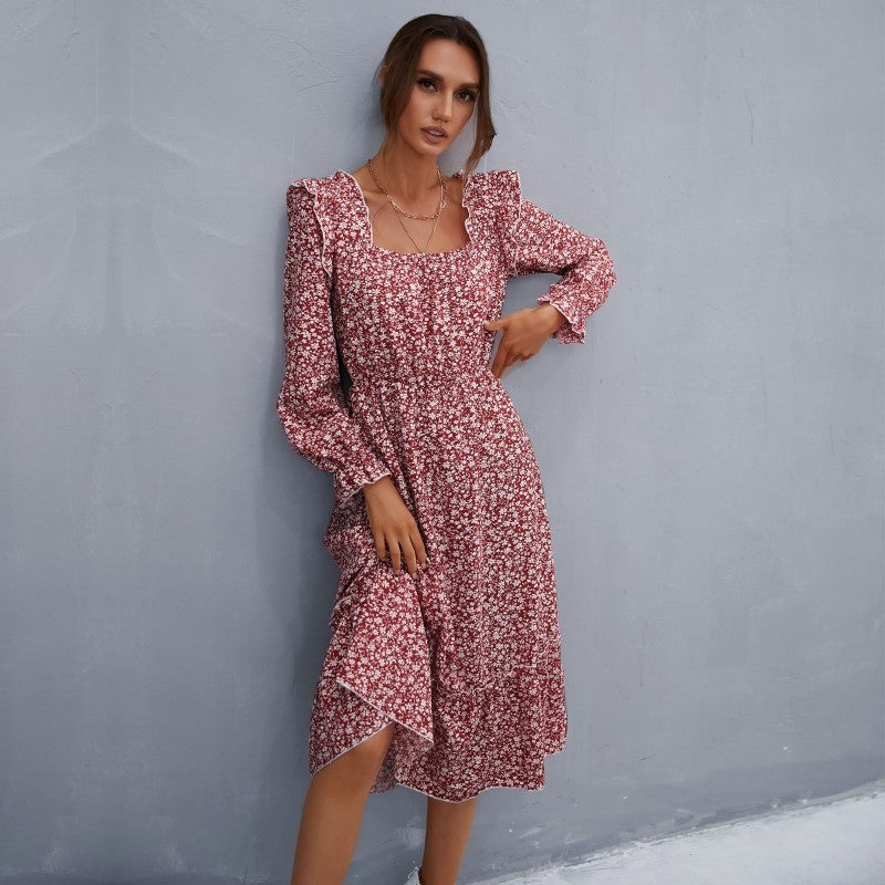 Petal Sleeve Floral Waist Square Neck Dress