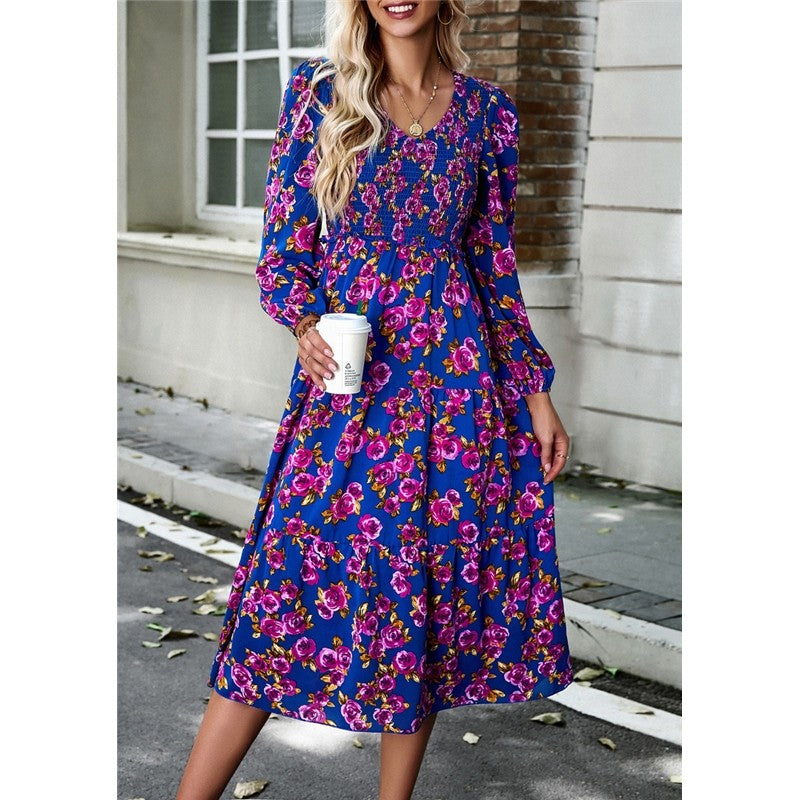V Neck Print Nine Quarter Sleeve Dress