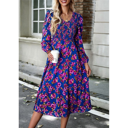 V Neck Print Nine Quarter Sleeve Dress