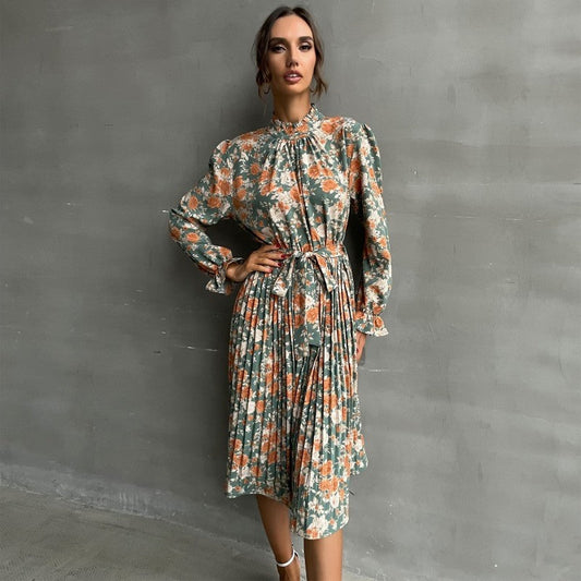 Printed Belted Half Turtleneck Dress With Petal Sleeves