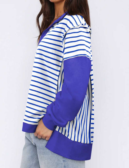 Minimalist Lapel Collar Striped Color Block Top