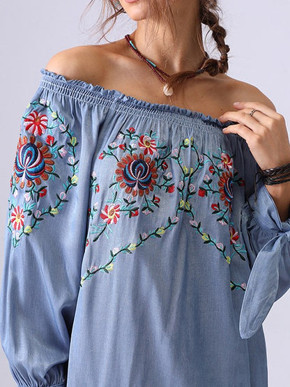 Flower Embroidered Off Shoulder Midi Dress