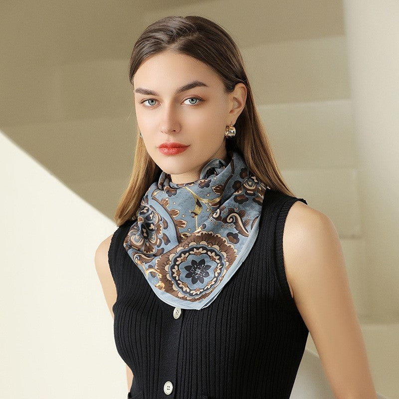 Floral Print Square Silk Imitation Scarf