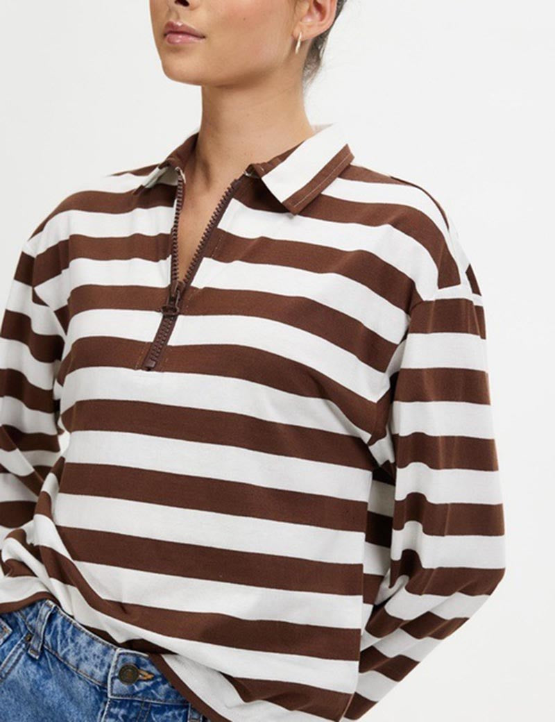 Cozy Striped Lapel Zip Polo Sweatshirt