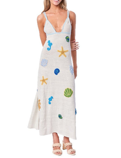 Print Low Collar Knit Spaghetti Dress