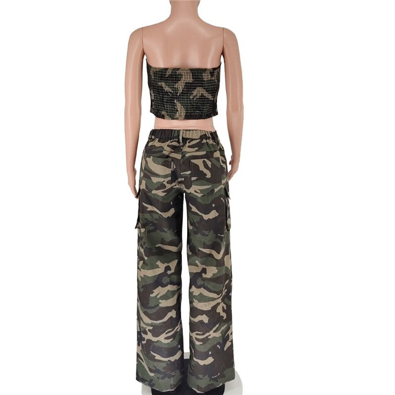 Fashion Camouflage Wrap Top Long Pants Set