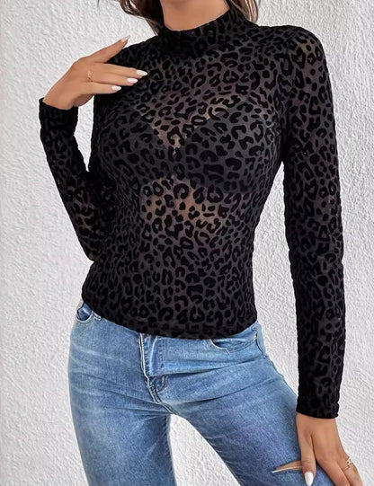 Black Leopard Print Sexy Mesh Top