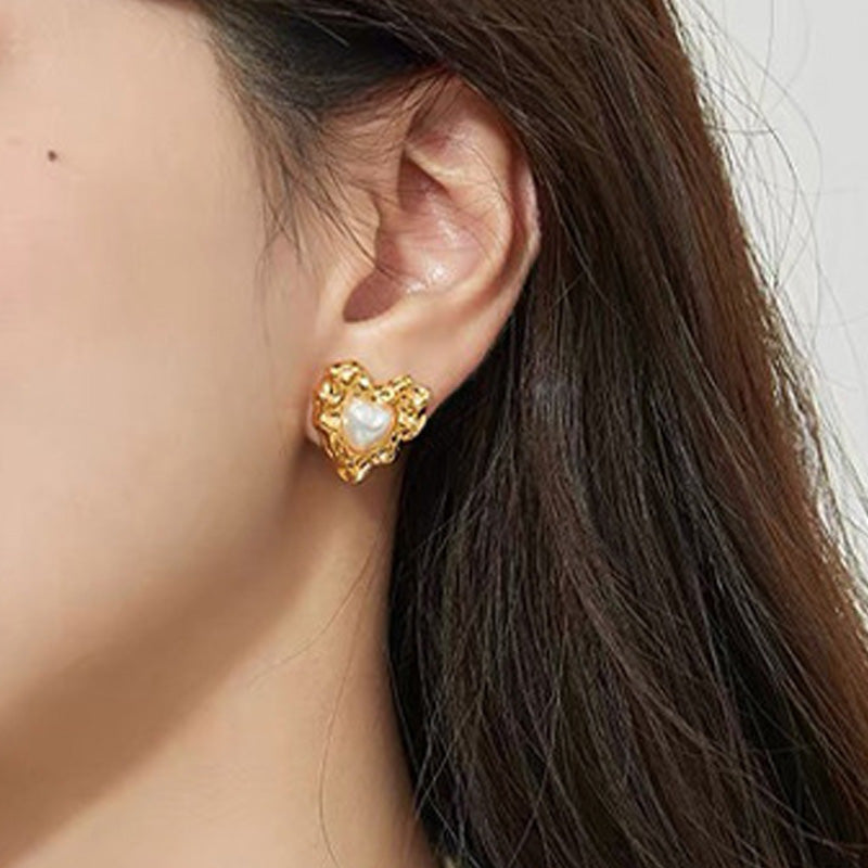 Gold Plated Heart Pearl Stud Earrings