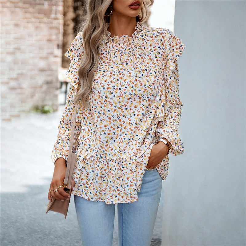 Lace Collar Floral Wood Ear Trim Shirt