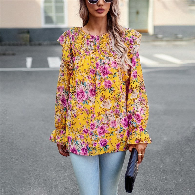 Crewneck Long Sleeves Floral Printed Casual Loose Blouse Top