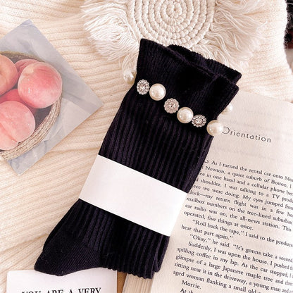 Rhinestone Pearl Solid Color Sweet Socks