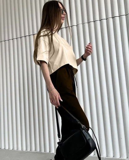 Round Neck Loose Solid Color Short Top