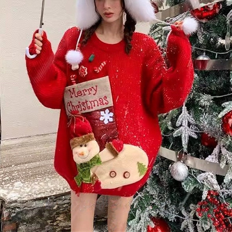 Christmas Red Knit Sweater Socks Snowman Doll