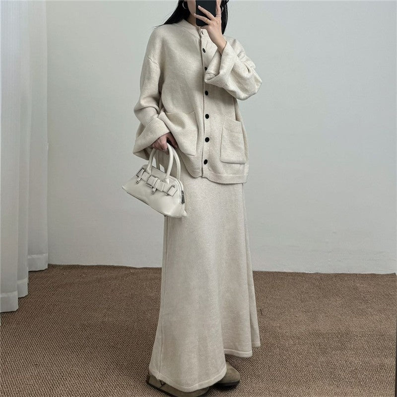 Solid Color Round Neck Knit Set Loose Fit Sweater Dress Two-Piece