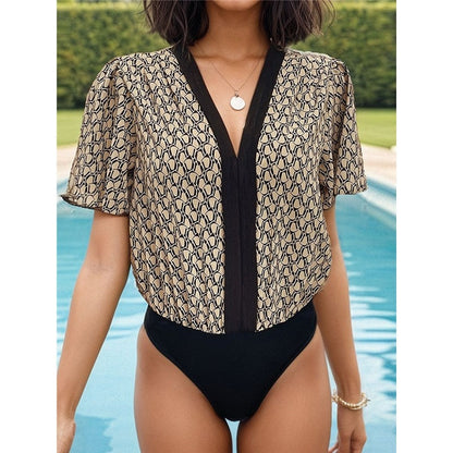 Sexy Contrasting Color Patchwork V-Neck Ruffle Sleeve Jumpsuit