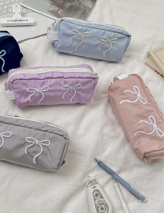 Bow Embroidered Large Capacity Pencil Pouch