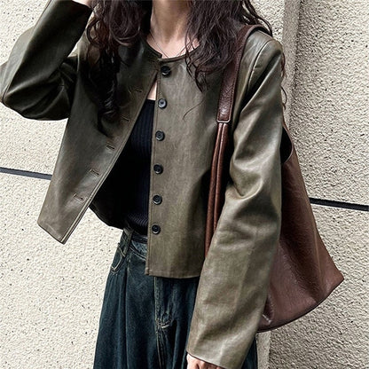 Retro Crewneck Long Sleeve Single Breasted Short PU Leather Jackets