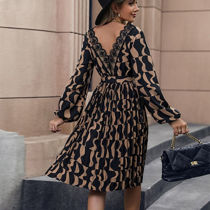 Contrast Color Printing Long Sleeves V-Neck Waist Tied A-Line Midi Dress