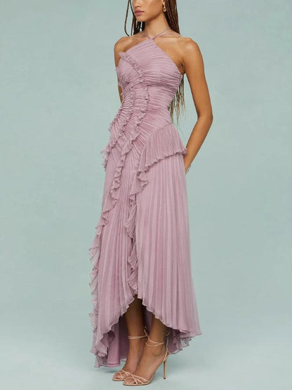 Flounce Pleated Halter Irregular Midi Dress